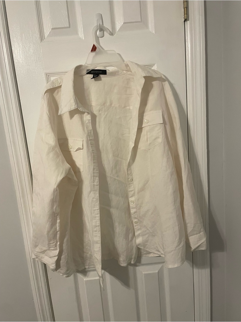 Ashley Stewart Linen Blend Cream Button-Down Long Sleeve Shirt